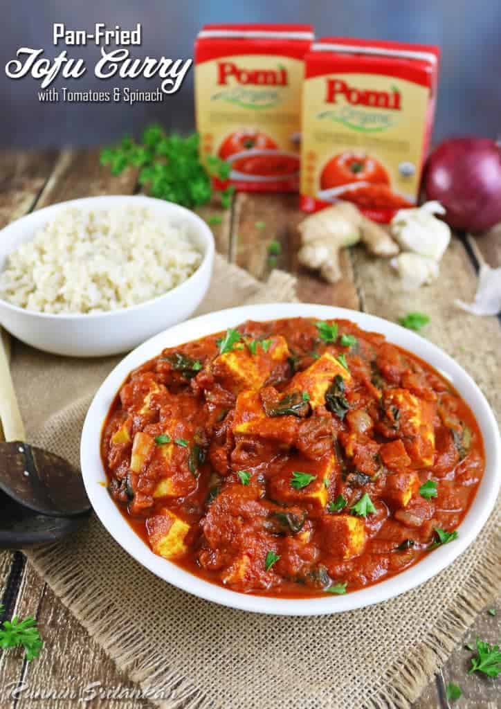 Pan Fried Tofu Curry with Tomatoes and Spinach