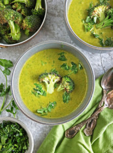 A bowl of warm Vegetarian broccoli spinach soup.